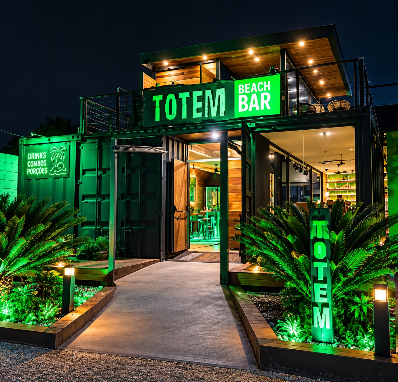 Fachada noturna do Totem Beach Bar